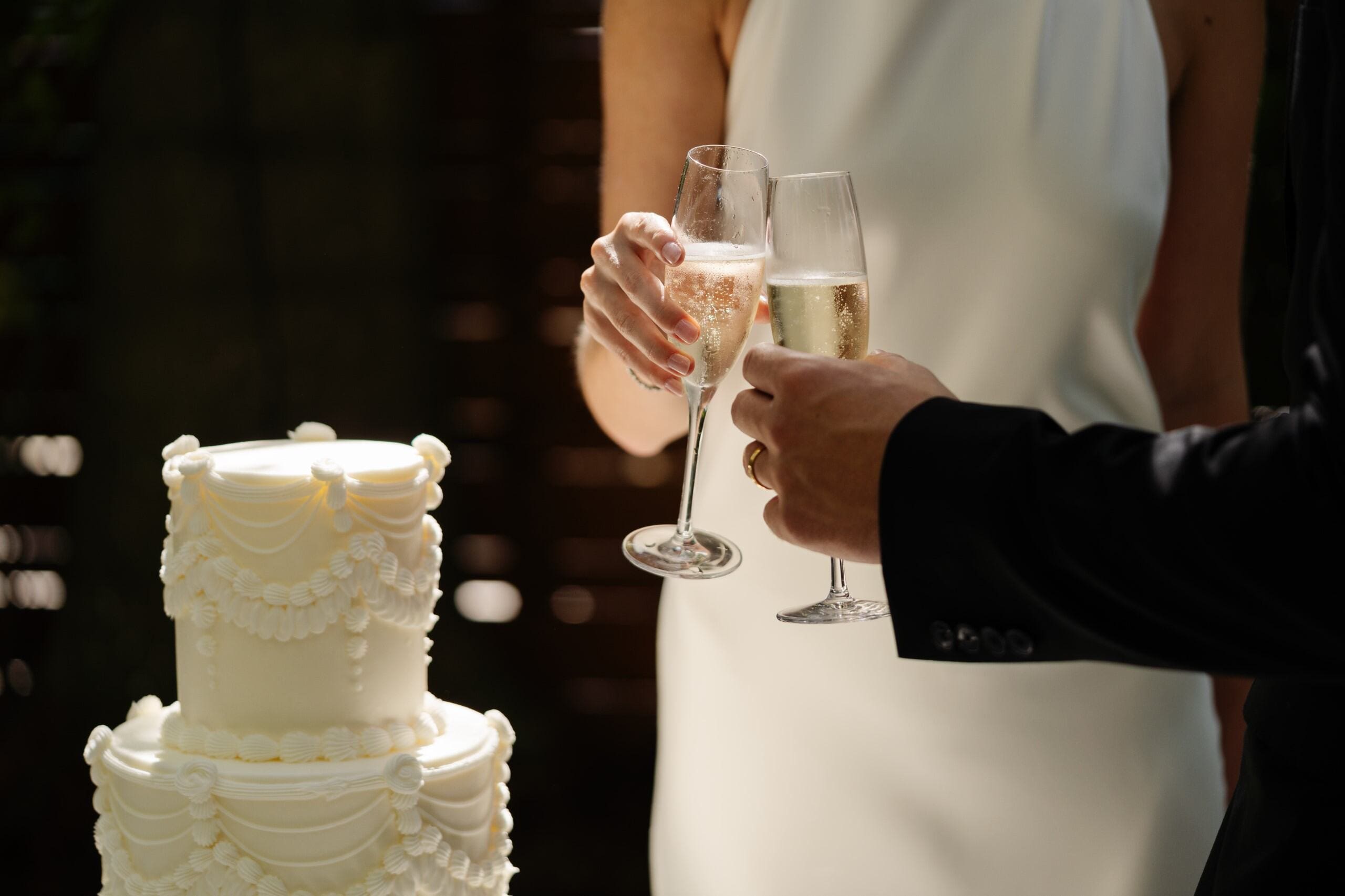 couple cheering with wedding cake and champagne